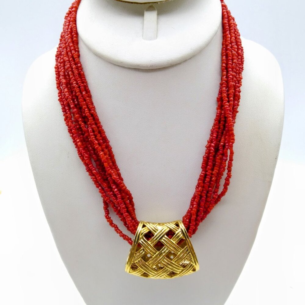Vintage Red Torsade Necklace with Reversible Pendant Slide, Pierced Lattice